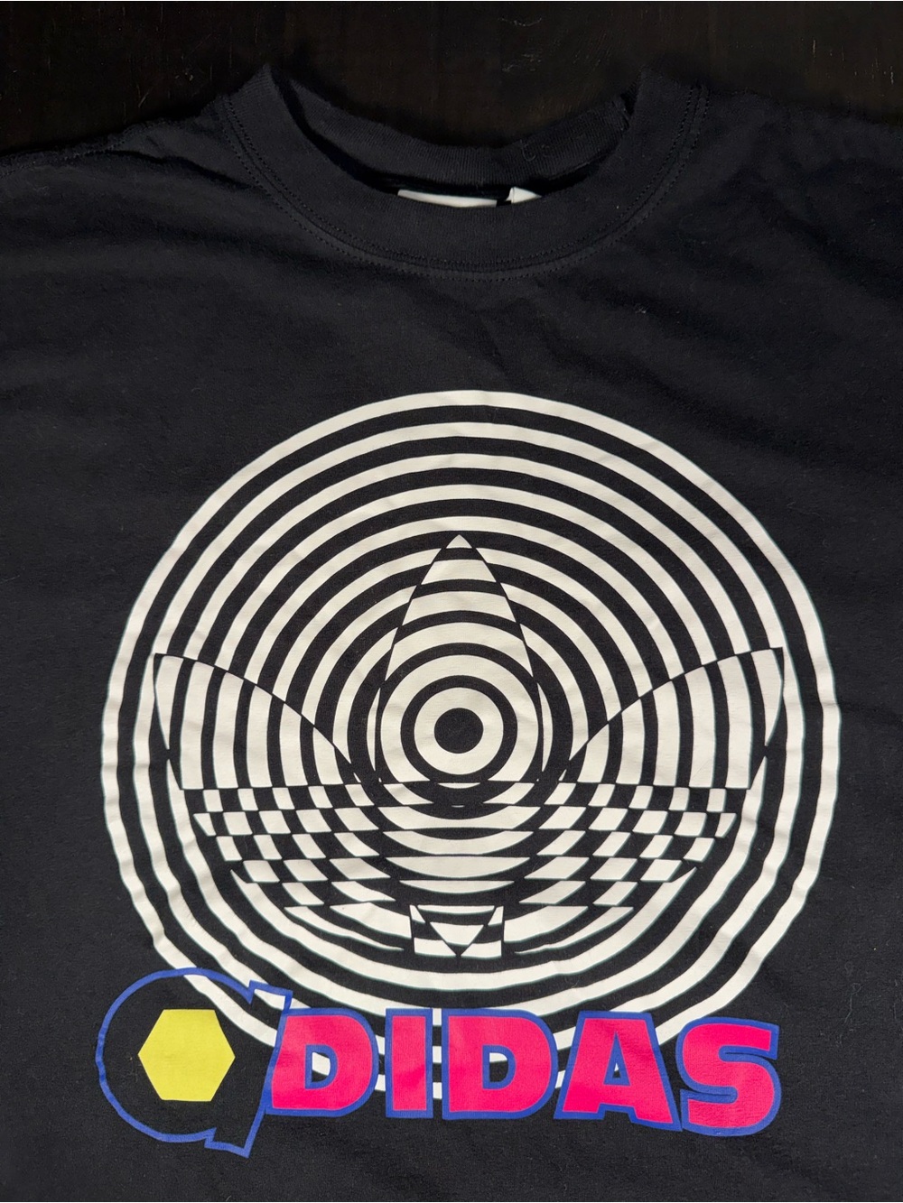 Adidas Retro Style Black Graphic Tee with White Bullseye and Pink Logo Size M